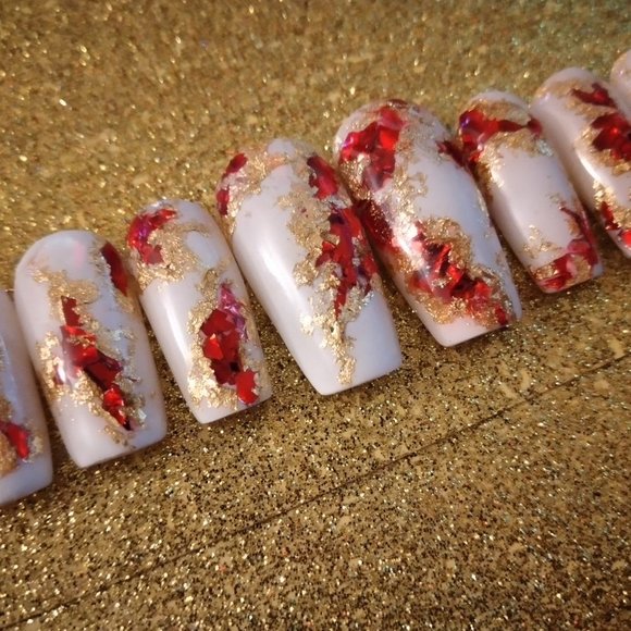 white and red geode press on nails acrylic nails pPN98 - Picture 6 of 6